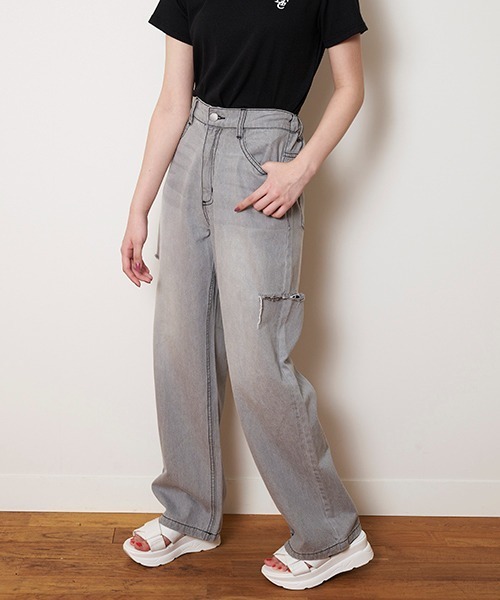 LOVETOXIC（ラブトキシック）の「【接触冷感】ダメージワイドパンツ（その他パンツ・キッズ・ライトグレー/グレー/サックスブルー/ライトブルー・S/M/L）」の2枚目の写真