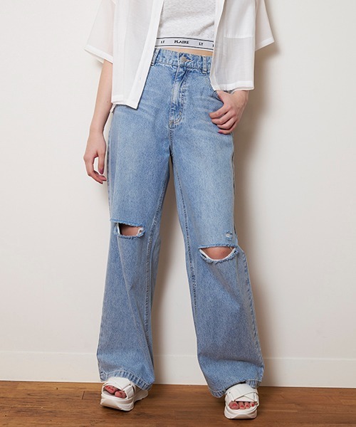 LOVETOXIC（ラブトキシック）の「【接触冷感】ダメージワイドパンツ（その他パンツ・キッズ・ライトグレー/グレー/サックスブルー/ライトブルー・S/M/L）」の3枚目の写真