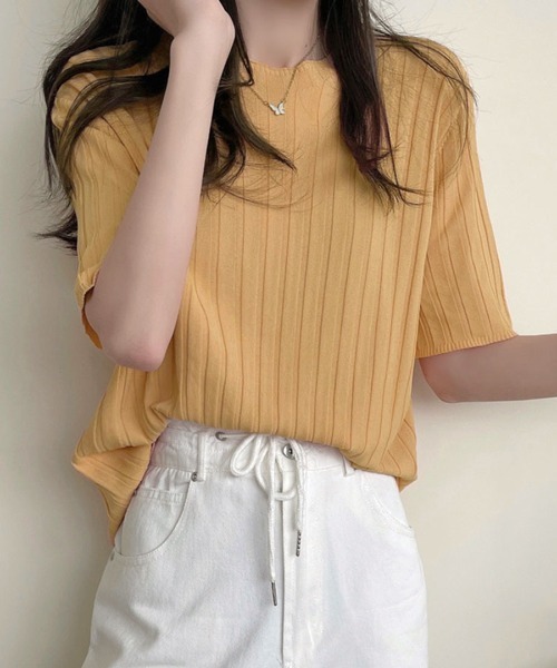 REMUR(レミュール)の「リブトップス サマーニット 半袖(Tシャツ/カットソー・レディース・クリーム/グリーン/オレンジ/ブルー/ピンク/ブラック/ホワイト/パープル・M)」の8枚目の写真