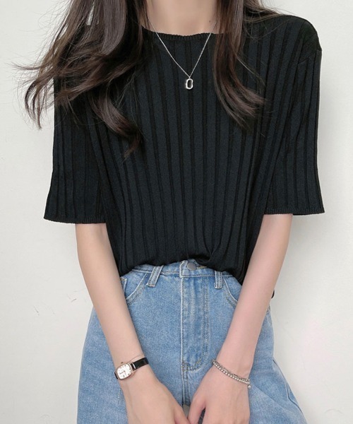 REMUR(レミュール)の「リブトップス サマーニット 半袖(Tシャツ/カットソー・レディース・クリーム/グリーン/オレンジ/ブルー/ピンク/ブラック/ホワイト/パープル・M)」の15枚目の写真