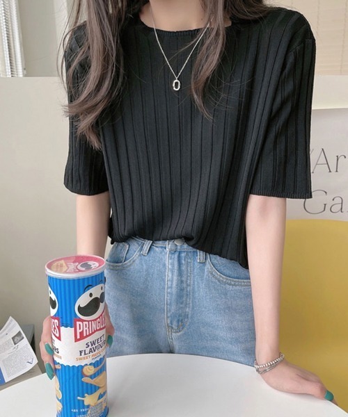 REMUR(レミュール)の「リブトップス サマーニット 半袖(Tシャツ/カットソー・レディース・クリーム/グリーン/オレンジ/ブルー/ピンク/ブラック/ホワイト/パープル・M)」の16枚目の写真