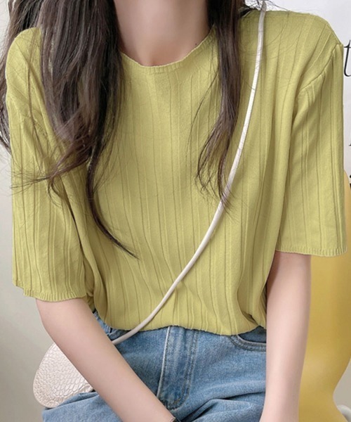 REMUR(レミュール)の「リブトップス サマーニット 半袖(Tシャツ/カットソー・レディース・クリーム/グリーン/オレンジ/ブルー/ピンク/ブラック/ホワイト/パープル・M)」の18枚目の写真