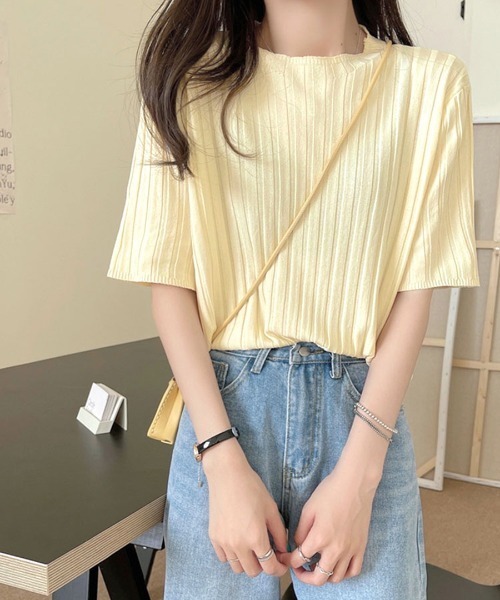 REMUR(レミュール)の「リブトップス サマーニット 半袖(Tシャツ/カットソー・レディース・クリーム/グリーン/オレンジ/ブルー/ピンク/ブラック/ホワイト/パープル・M)」の10枚目の写真