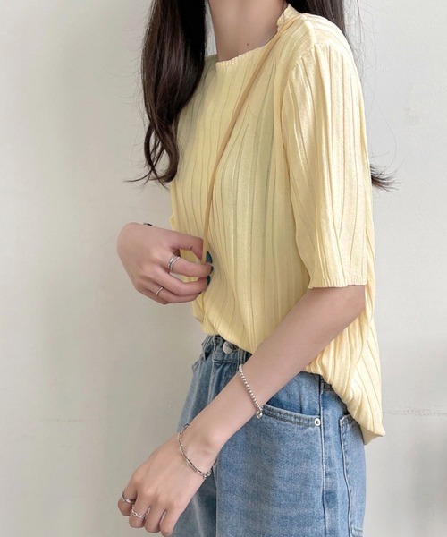 REMUR(レミュール)の「リブトップス サマーニット 半袖(Tシャツ/カットソー・レディース・クリーム/グリーン/オレンジ/ブルー/ピンク/ブラック/ホワイト/パープル・M)」の11枚目の写真