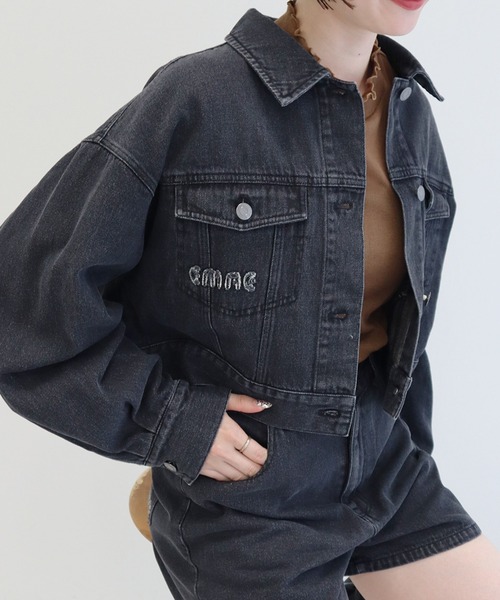 earth music&ecology（アースミュージックアンドエコロジー）の「フリンジロゴショート丈Gジャン（デニムジャケット・レディース・ブラック/インディゴブルー・FREE）」の9枚目の写真