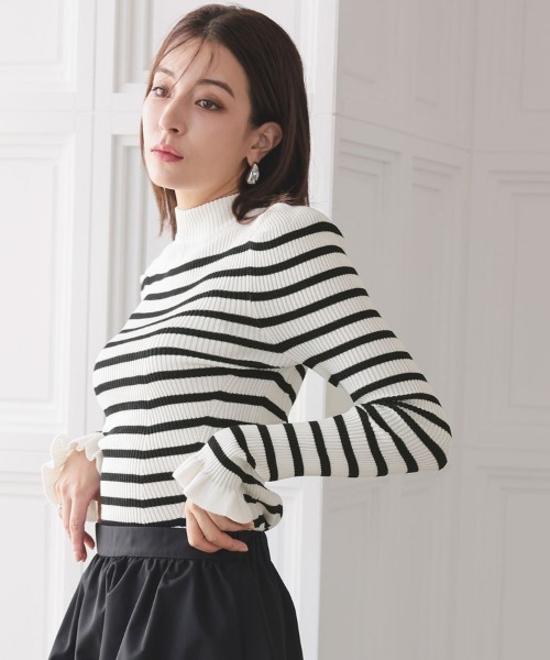 DONOBAN（ドノバン）の「ウォッシャブルフリルスリーブニット（ニット/セーター・レディース・グリーン系その他/オレンジ/グレー系その他/ブラック/ブルー系その他/ホワイト系その他/ホワイト/ホワイト系その他2/オレンジ系その他/グレー/ブルー/ブラック系その他/ホワイト×ブラック/グリーン系その他2/ネイビー/ピンク/ネイビー系1・F）」の3枚目の写真