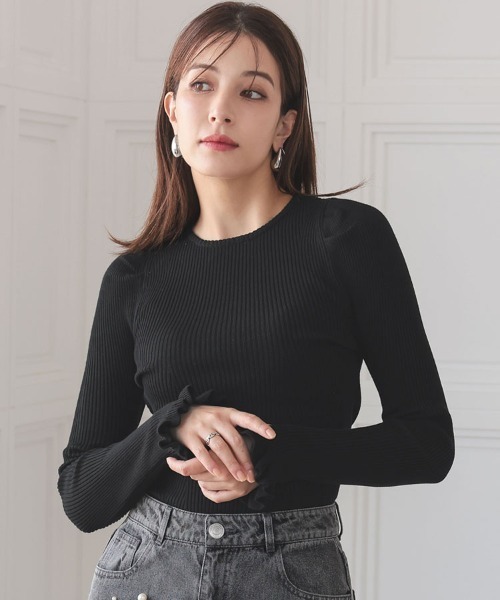 DONOBAN（ドノバン）の「ウォッシャブルフリルスリーブニット（ニット/セーター・レディース・グリーン系その他/オレンジ/グレー系その他/ブラック/ブルー系その他/ホワイト系その他/ホワイト/ホワイト系その他2/オレンジ系その他/グレー/ブルー/ブラック系その他/ホワイト×ブラック/グリーン系その他2/ネイビー/ピンク/ネイビー系1・F）」の7枚目の写真