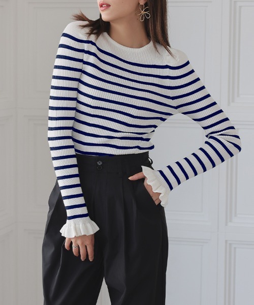 DONOBAN（ドノバン）の「ウォッシャブルフリルスリーブニット（ニット/セーター・レディース・グリーン系その他/オレンジ/グレー系その他/ブラック/ブルー系その他/ホワイト系その他/ホワイト/ホワイト系その他2/オレンジ系その他/グレー/ブルー/ブラック系その他/ホワイト×ブラック/グリーン系その他2/ネイビー/ピンク/ネイビー系1・F）」の11枚目の写真