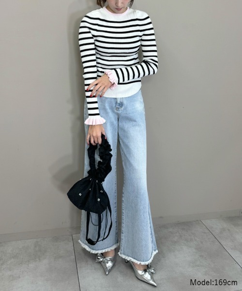 DONOBAN（ドノバン）の「ウォッシャブルフリルスリーブニット（ニット/セーター・レディース・グリーン系その他/オレンジ/グレー系その他/ブラック/ブルー系その他/ホワイト系その他/ホワイト/ホワイト系その他2/オレンジ系その他/グレー/ブルー/ブラック系その他/ホワイト×ブラック/グリーン系その他2/ネイビー/ピンク/ネイビー系1・F）」の19枚目の写真