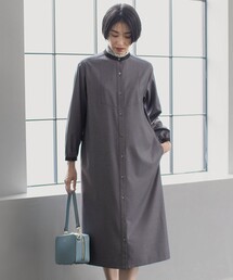 【洗える】T/Rウォッシャブルギャバ バンドカラー ワンピース