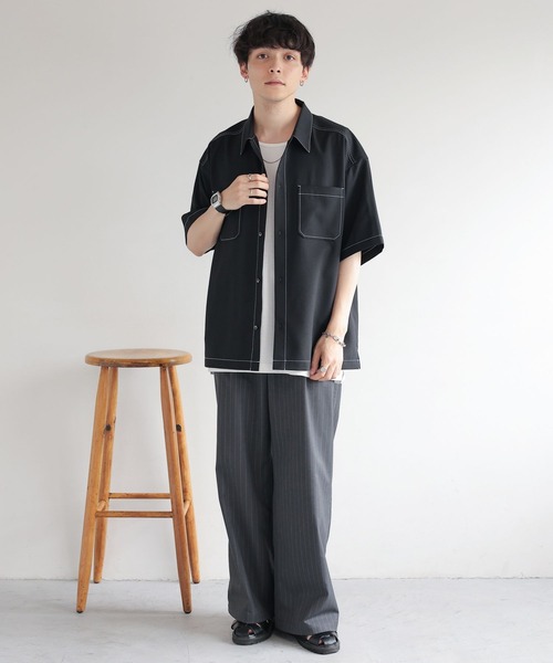 RAGEBLUE（レイジブルー）の「配色ステッチ/オーバーサイズシャツ（シャツ/ブラウス・メンズ・ブラック/グレー/ホワイト・MEDIUM/LARGE）」の9枚目の写真