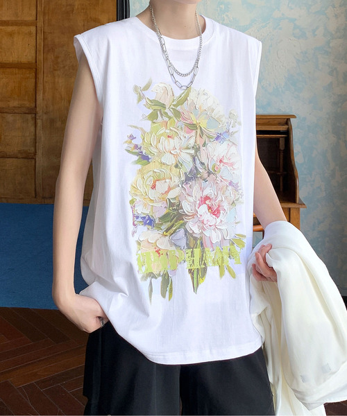 neos（ネオス）の「【neos】ルーズシルエット フラワー ブーケ プリント ノースリーブ シャツ タンクトップ（タンクトップ・メンズ・ホワイト/ブラック・MEDIUM/LARGE/X-LARGE）」の2枚目の写真