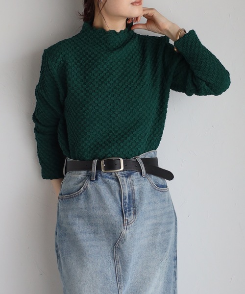 &HALF(アンドハーフ)の「カラージャガードハイネックトップス(Tシャツ/カットソー・レディース・ブラック/オフホワイト/ブルー/チェリーピンク/グリーン・M/L)」の3枚目の写真
