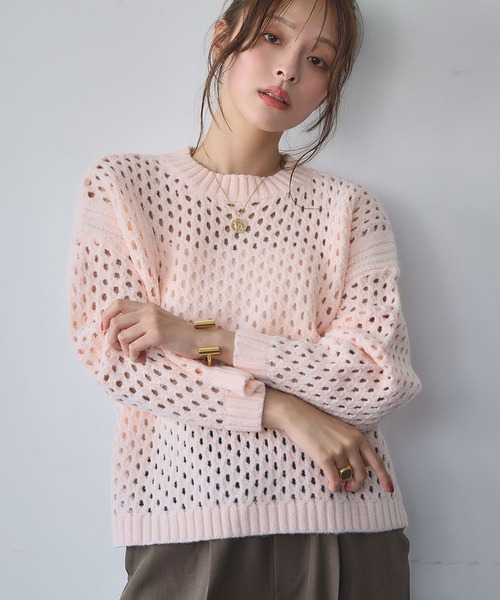 ELFRANK（エルフランク）の「《新色追加》ショート丈 透かし編み メッシュニット プルオーバー（ニット/セーター・レディース・ブラック/オフホワイト/グレー/ピンク・FREE）」の14枚目の写真