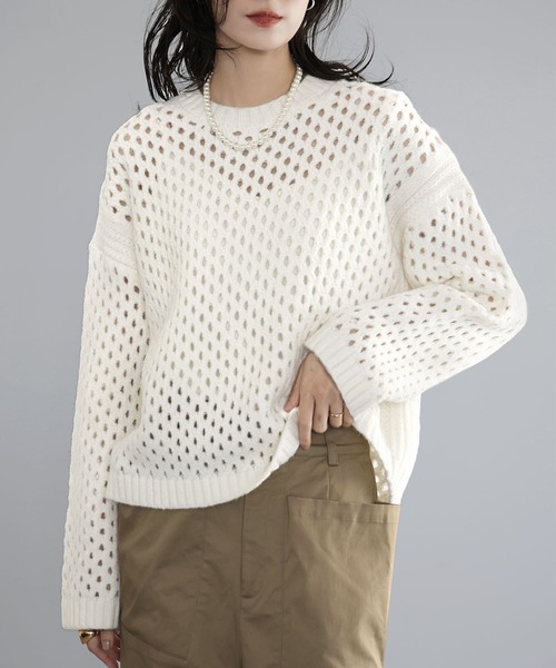 美品 手編み ニット 編み込みセーター 鹿子編み ショート丈 フリーサイズ 新色追加》ショート丈 透かし編み メッシュニット プルオーバー