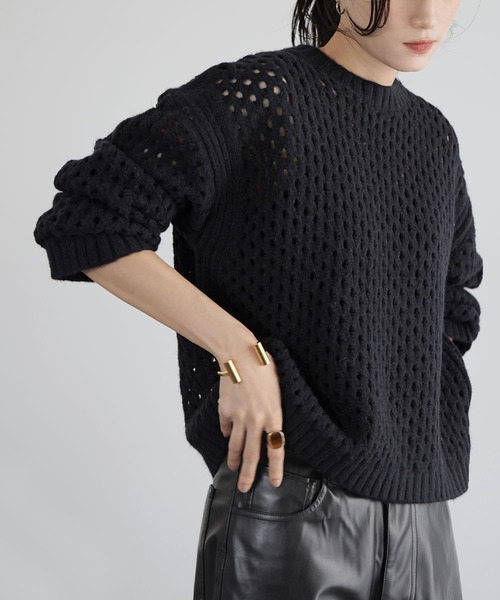 ELFRANK（エルフランク）の「《新色追加》ショート丈 透かし編み メッシュニット プルオーバー（ニット/セーター・レディース・ブラック/オフホワイト/グレー/ピンク・FREE）」の20枚目の写真