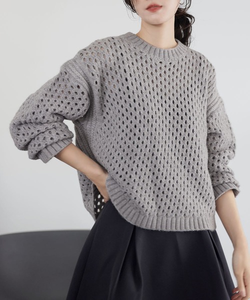 ラスト1点⭐︎ノーソーイングニット　ジョーゼットコンビ　ブルー S-LL/2点セット】涼やかに楽に決まる タンクトップ＋編み柄