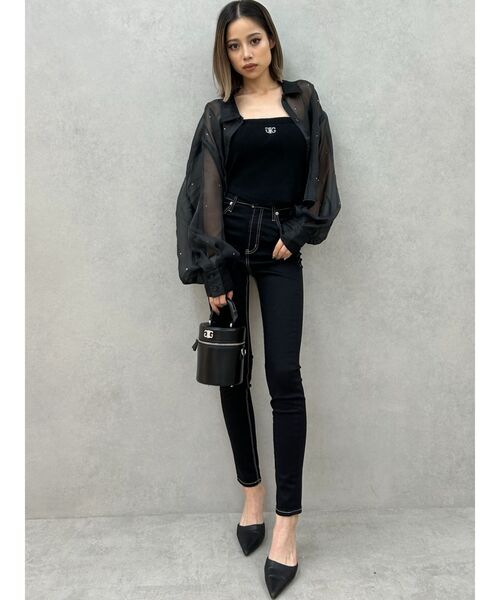 GYDA（ジェイダ）の「シアーラインストーンショートシャツ（シャツ/ブラウス・レディース・オフホワイト/グレー/ブラック・FREE）」の5枚目の写真