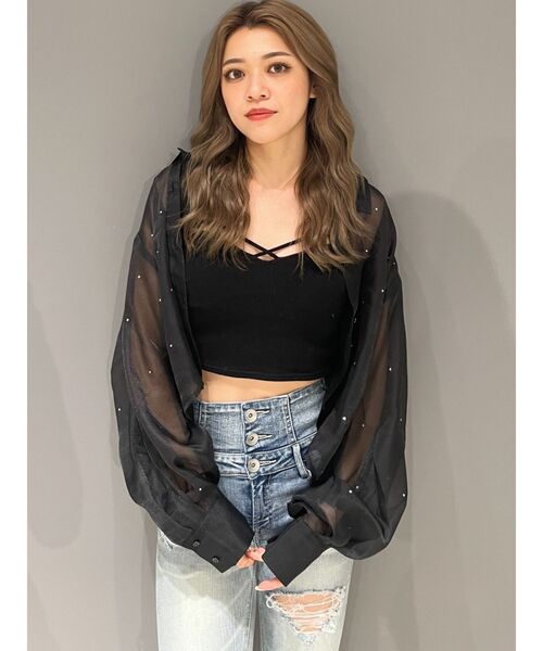 GYDA（ジェイダ）の「シアーラインストーンショートシャツ（シャツ/ブラウス・レディース・オフホワイト/グレー/ブラック・FREE）」の8枚目の写真