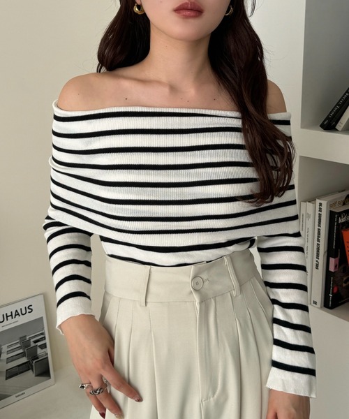 シェリエ sheller オフショルダーニットトップス sheer line