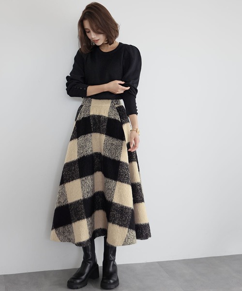 VERY 1月号掲載】ブロックチェック起毛ロングフレアスカート（スカート