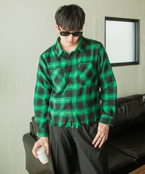 セール】【White Line】 カットオフ 短丈 長袖 チェック シャツ