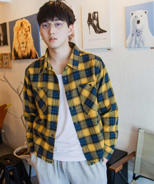 セール】【White Line】 カットオフ 短丈 長袖 チェック シャツ