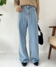 ストリング付きハイウエストデニムストレートパンツ