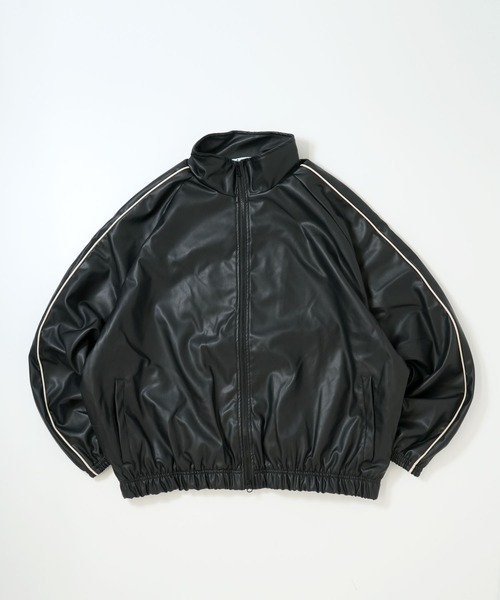 Ritzy（リッツィー）の「synthetic leather track jacket/合成皮革 トラックジャケット レディース メンズ（ブルゾン・メンズ・ブラック/ネイビー・M/L）」の3枚目の写真