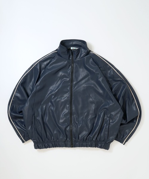 Ritzy（リッツィー）の「synthetic leather track jacket/合成皮革 トラックジャケット レディース メンズ（ブルゾン・メンズ・ブラック/ネイビー・M/L）」の5枚目の写真