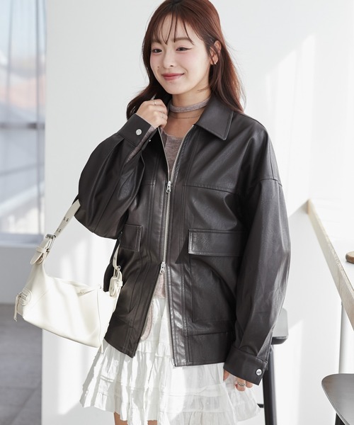 WEGO（ウィゴー）の「WEGO/ヴィンテージライクPUフライトジャケット（ブルゾン・レディース・ブラック/ダークブラウン・MEDIUM/SMALL）」の22枚目の写真