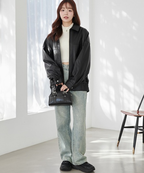 WEGO（ウィゴー）の「WEGO/ヴィンテージライクPUフライトジャケット（ブルゾン・レディース・ブラック/ダークブラウン・MEDIUM/SMALL）」の6枚目の写真