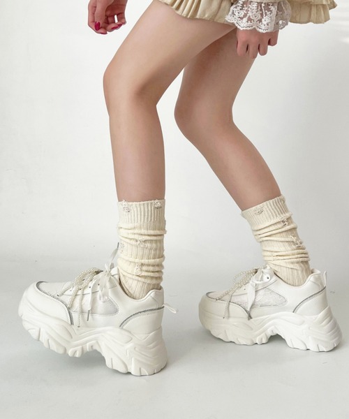 Shoes in Closet（シューズインクローゼット）の「【再入荷】+6.5㎝ 軽量 厚底 2WAY パールリボン レース ボリューム スニーカー 2678（スニーカー・レディース・ホワイト/ブラック・M/S/LL/L）」の10枚目の写真