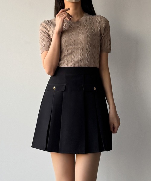 mipiarl（ミピアール）の「インナーパンツ付ゴールドボタンプリーツミニスカート（スカート・レディース・ブラック/アイボリー/ダークグレー・SMALL/MEDIUM/LARGE/X-LARGE）」の6枚目の写真