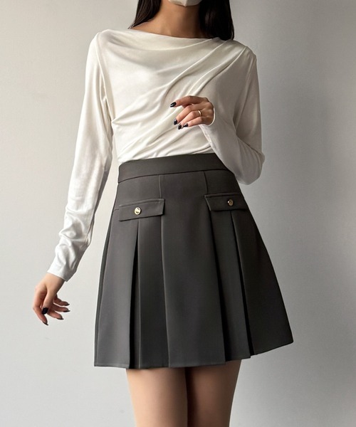 mipiarl（ミピアール）の「インナーパンツ付ゴールドボタンプリーツミニスカート（スカート・レディース・ブラック/アイボリー/ダークグレー・SMALL/MEDIUM/LARGE/X-LARGE）」の15枚目の写真