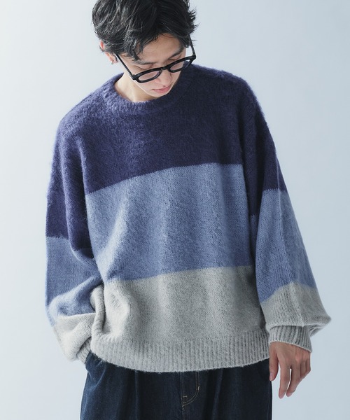Adoon plain(アドーンプレーン)の「SHAGGY BORDER KNIT PULLOVER / シャギーボーダーニットプルオーバー(ニット/セーター・メンズ・ブラック/ネイビー・MEDIUM/LARGE)」の1枚目の写真