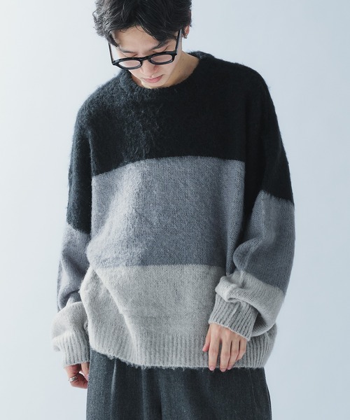 Adoon plain(アドーンプレーン)の「SHAGGY BORDER KNIT PULLOVER / シャギーボーダーニットプルオーバー(ニット/セーター・メンズ・ブラック/ネイビー・MEDIUM/LARGE)」の2枚目の写真