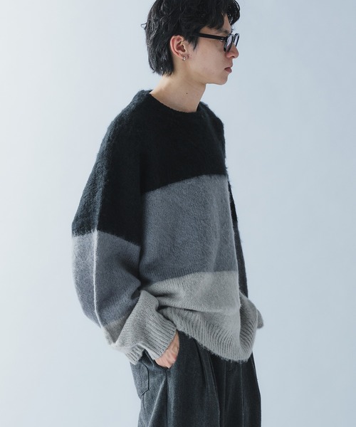 Adoon plain(アドーンプレーン)の「SHAGGY BORDER KNIT PULLOVER / シャギーボーダーニットプルオーバー(ニット/セーター・メンズ・ブラック/ネイビー・MEDIUM/LARGE)」の10枚目の写真