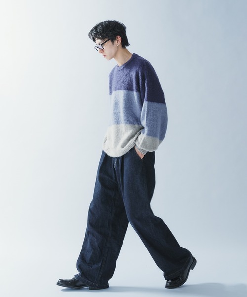 Adoon plain(アドーンプレーン)の「SHAGGY BORDER KNIT PULLOVER / シャギーボーダーニットプルオーバー(ニット/セーター・メンズ・ブラック/ネイビー・MEDIUM/LARGE)」の4枚目の写真