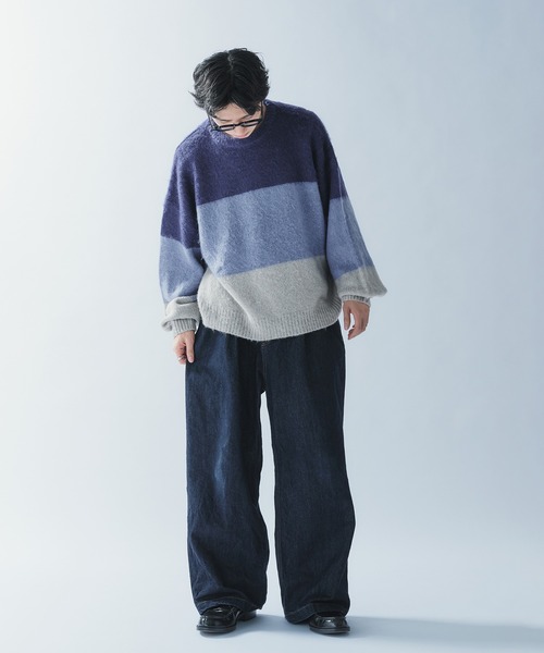 Adoon plain(アドーンプレーン)の「SHAGGY BORDER KNIT PULLOVER / シャギーボーダーニットプルオーバー(ニット/セーター・メンズ・ブラック/ネイビー・MEDIUM/LARGE)」の5枚目の写真