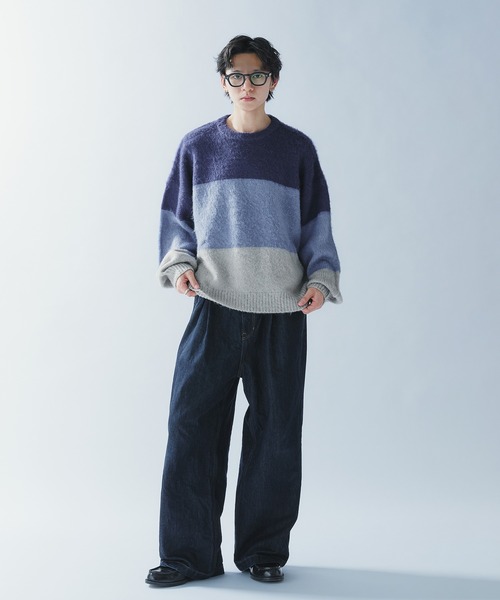 Adoon plain(アドーンプレーン)の「SHAGGY BORDER KNIT PULLOVER / シャギーボーダーニットプルオーバー(ニット/セーター・メンズ・ブラック/ネイビー・MEDIUM/LARGE)」の6枚目の写真