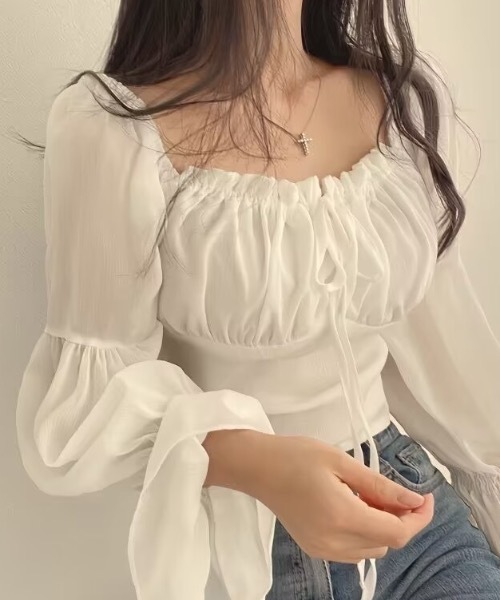 Teem Store(チームストア)の「キャンディスリーブシャーリングスクエアネックショート丈ブラウス(シャツ/ブラウス・レディース・ホワイト/ピンク・S/M/L)」の3枚目の写真