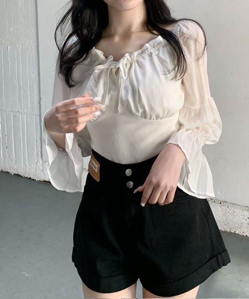 Teem Store(チームストア)の「キャンディスリーブシャーリングスクエアネックショート丈ブラウス(シャツ/ブラウス・レディース・ホワイト/ピンク・S/M/L)」の11枚目の写真