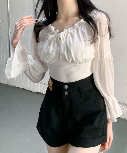 Teem Store(チームストア)の「キャンディスリーブシャーリングスクエアネックショート丈ブラウス(シャツ/ブラウス・レディース・ホワイト/ピンク・S/M/L)」の12枚目の写真