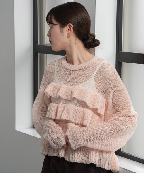 lawgy(ラウジー)の「frill loose low gauge knit / フリルルースローゲージニット(ニット/セーター・レディース・ベビーピンク/グレー/ホワイト・FREE)」の3枚目の写真