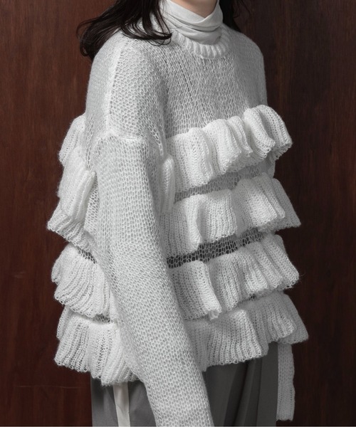 lawgy(ラウジー)の「frill loose low gauge knit / フリルルースローゲージニット(ニット/セーター・レディース・ベビーピンク/グレー/ホワイト・FREE)」の7枚目の写真