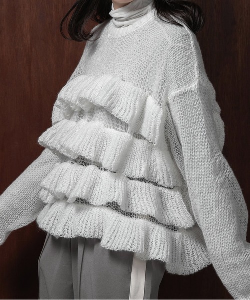 lawgy(ラウジー)の「frill loose low gauge knit / フリルルースローゲージニット(ニット/セーター・レディース・ベビーピンク/グレー/ホワイト・FREE)」の8枚目の写真