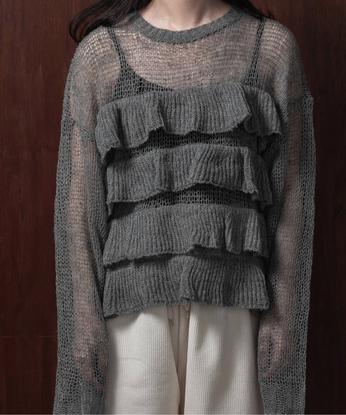 lawgy(ラウジー)の「frill loose low gauge knit / フリルルースローゲージニット(ニット/セーター・レディース・ベビーピンク/グレー/ホワイト・FREE)」の10枚目の写真