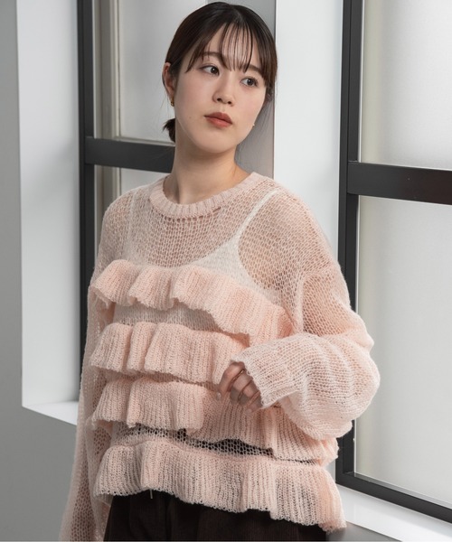 lawgy(ラウジー)の「frill loose low gauge knit / フリルルースローゲージニット(ニット/セーター・レディース・ベビーピンク/グレー/ホワイト・FREE)」の14枚目の写真