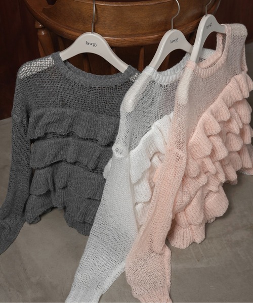 lawgy(ラウジー)の「frill loose low gauge knit / フリルルースローゲージニット(ニット/セーター・レディース・ベビーピンク/グレー/ホワイト・FREE)」の16枚目の写真